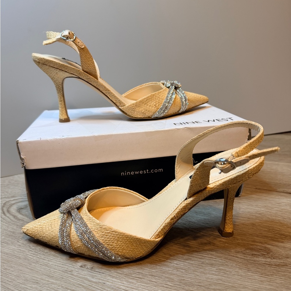 Nine West Derby Natural Raffia Slingback Heels with Silver Accents